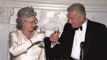 Israeli president Ezer Weizman and Queen Elizabeth II share a toast at dinner in her honour hosted by Weizman in London, February 1997 Photo GPO