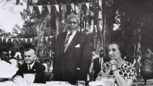 Foreign Minister Golda Meir and Mzee Jomo Kenyatta at the ceremony  laying a cornerstone for the Israeli Embassy in Nairobi 