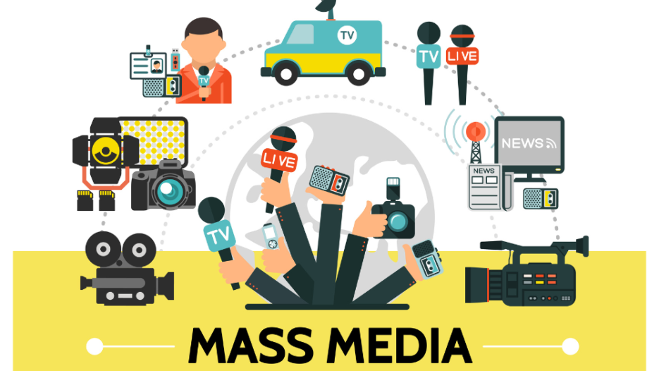 infographics and icons showing different categories of the press and mass media