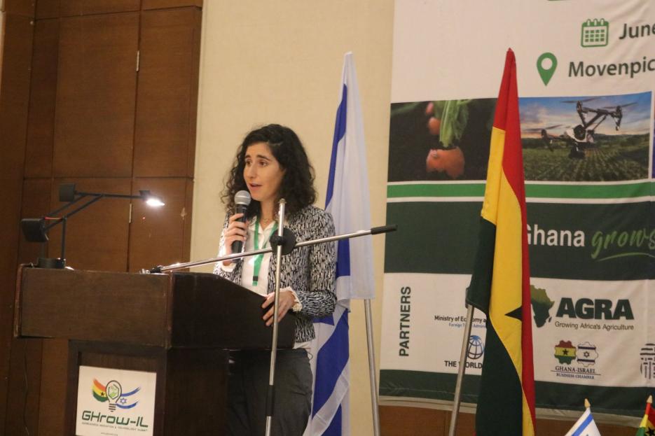 Ms Ayelet Levin Karp speaking at the GHrowIL Event (photo credit: MFA Accra) Ms Ayelet Levin Karp speaking at the GHrowIL Event