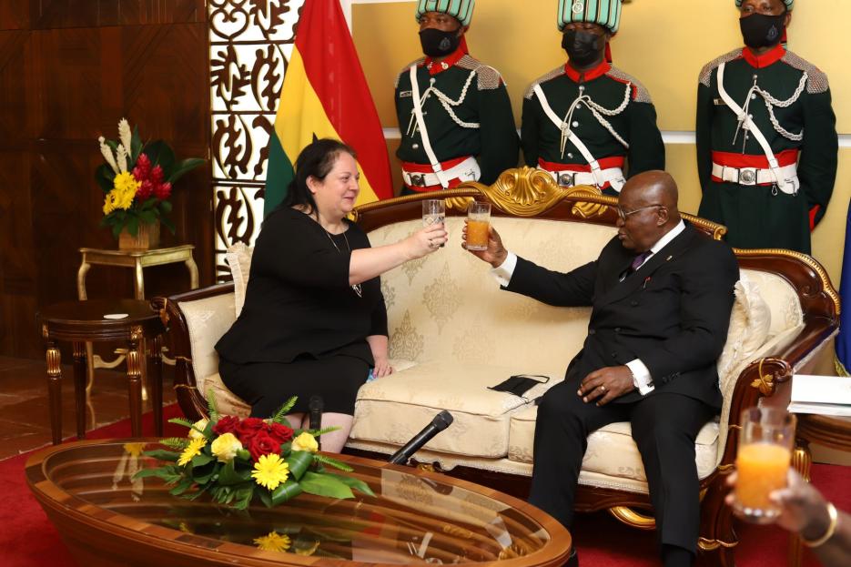 H.E. Shlomit Sufa in a toast with President Akufo-Addo (photo credit: MFA Accra) H.E. Shlomit Sufa in a toast with President Akufo-Addo