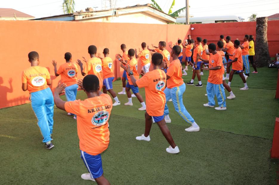 Students from Accra Girls Senior High School learning Krav Maga (photo credit: MFA Accra) Students from Accra Girls Senior High School learning Krav Maga