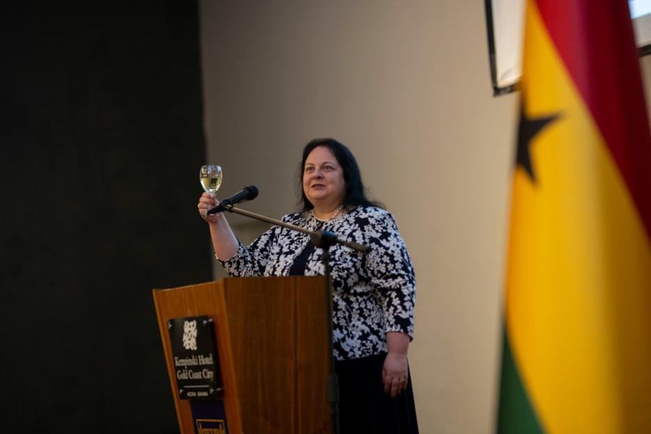 Ambassador Sufa raising a Toast at the 74th Independence Anniversary of the State of Israel in Accra (photo credit: MFA Accra) Ambassador Sufa raising a Toast at the 74th Independence Anniversary of the State of Israel in Accra
