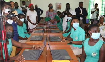 Students of Amasaman Senior Technical Secondary School at their newly refurbished ICT Lab 