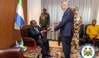 Ambassador Roey Gilad with President Bio in Freetown (photo credit: Presidency Sierra Leone) Ambassador Roey Gilad with President Bio in Freetown